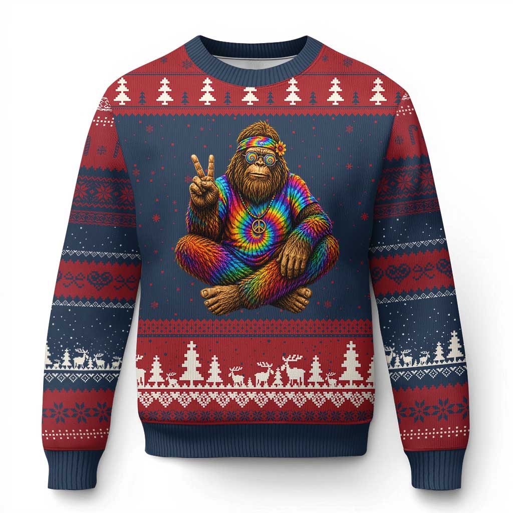 Hippie Bigfoot Peace Sign Tie Dye Sasquatch Ugly Christmas Sweater TS11 Navy Red Print Your Wear