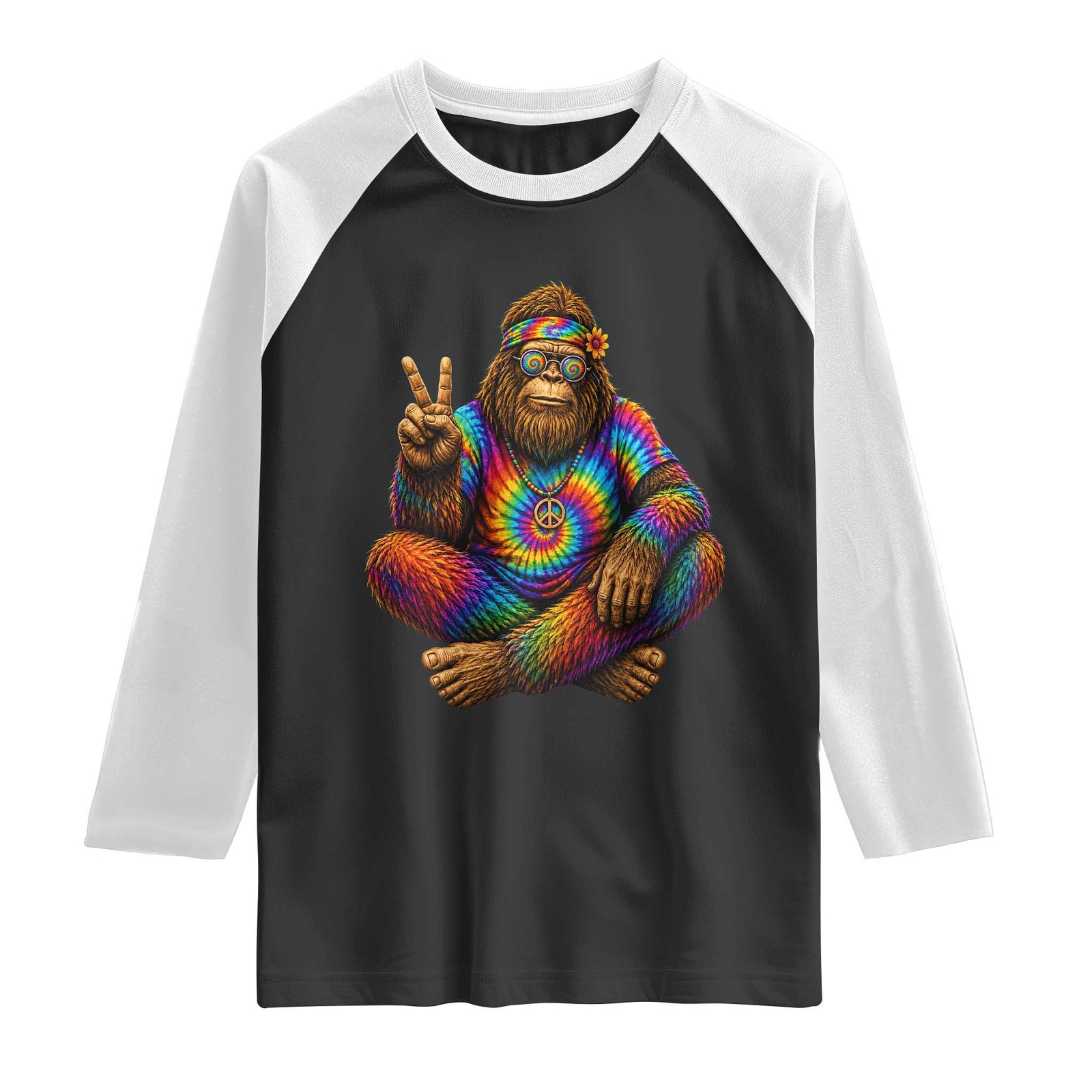 Hippie Bigfoot Peace Sign Tie Dye Sasquatch Raglan Shirt TS11 Black White Print Your Wear