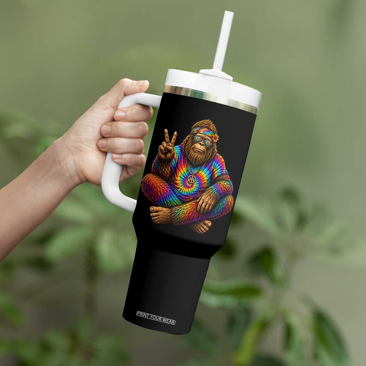 Hippie Bigfoot Peace Sign Tie Dye Sasquatch Tumbler With Handle