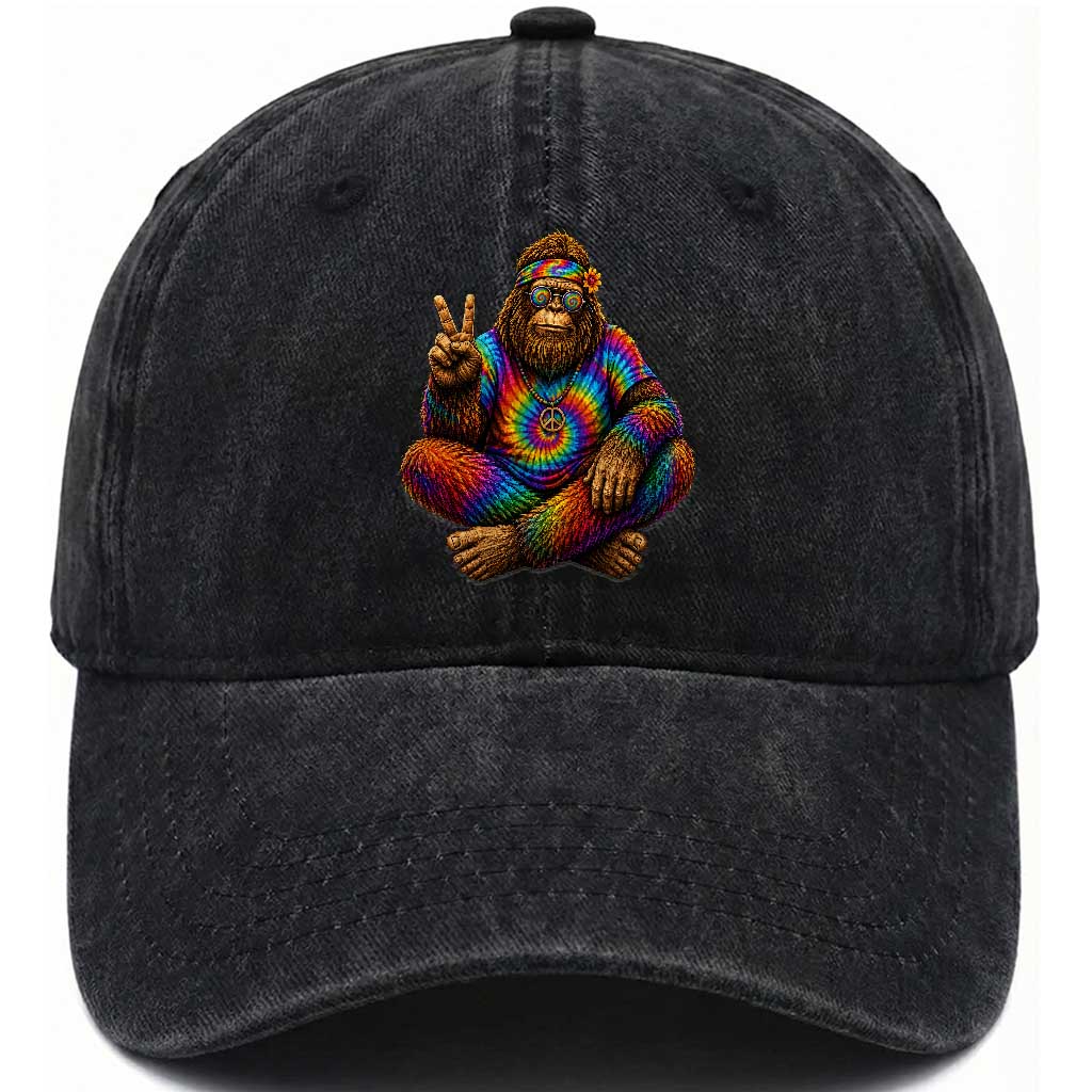Hippie Bigfoot Peace Sign Tie Dye Sasquatch Washed Cotton Baseball Cap TS11 Print Your Wear