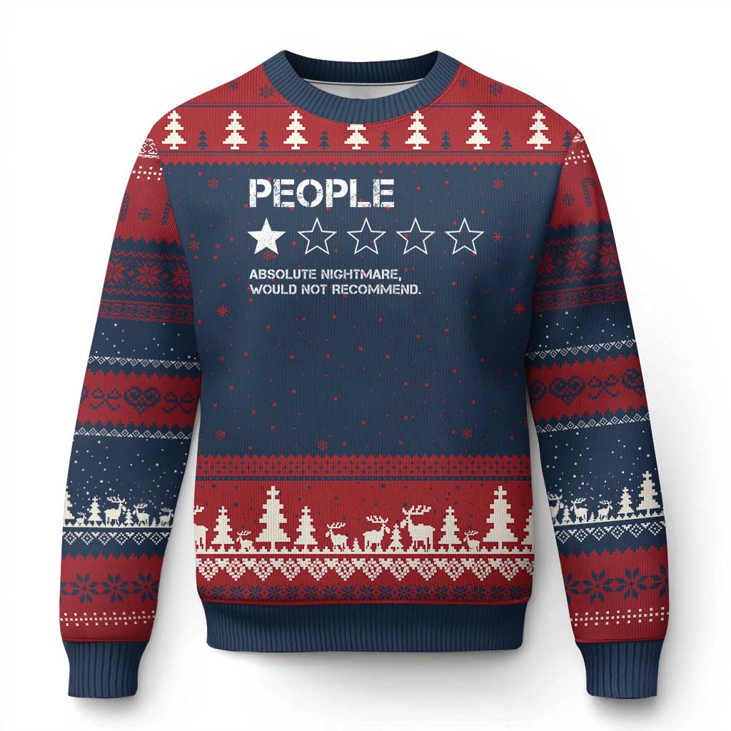People 1 Star Absolute Nightmare Would Not Recommend Ugly Christmas Sweater Funny Bold Text TS11 Navy Red Print Your Wear