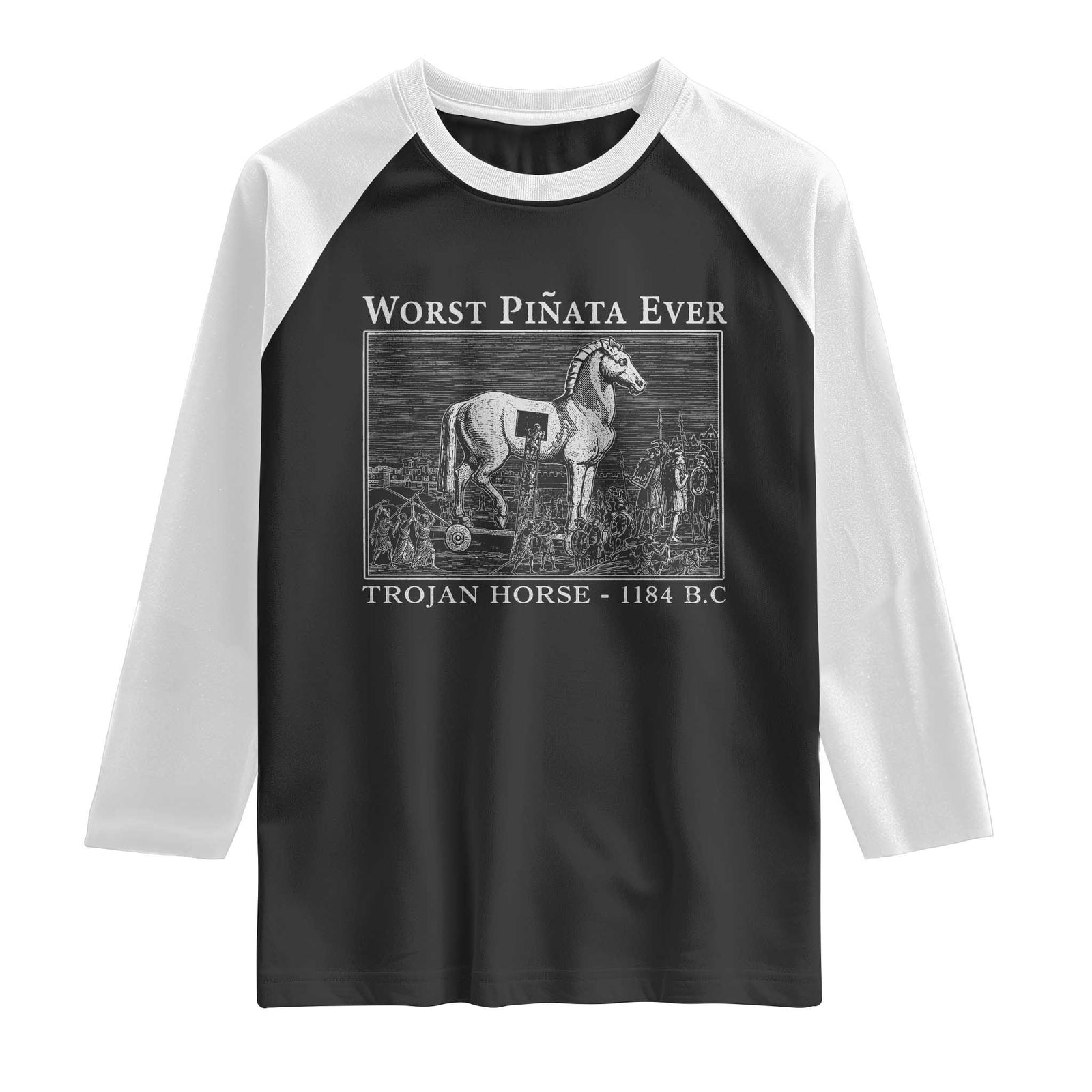 Worst Pinata Ever Trojan Horse Raglan Shirt Funny Greek Mythology History TS11 Black White Print Your Wear