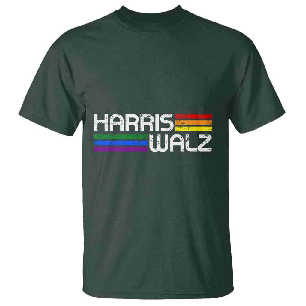 Harris Walz T Shirt LGBT Rainbow Flag Retro Faded Stripes TS11 Dark Forest Green Print Your Wear