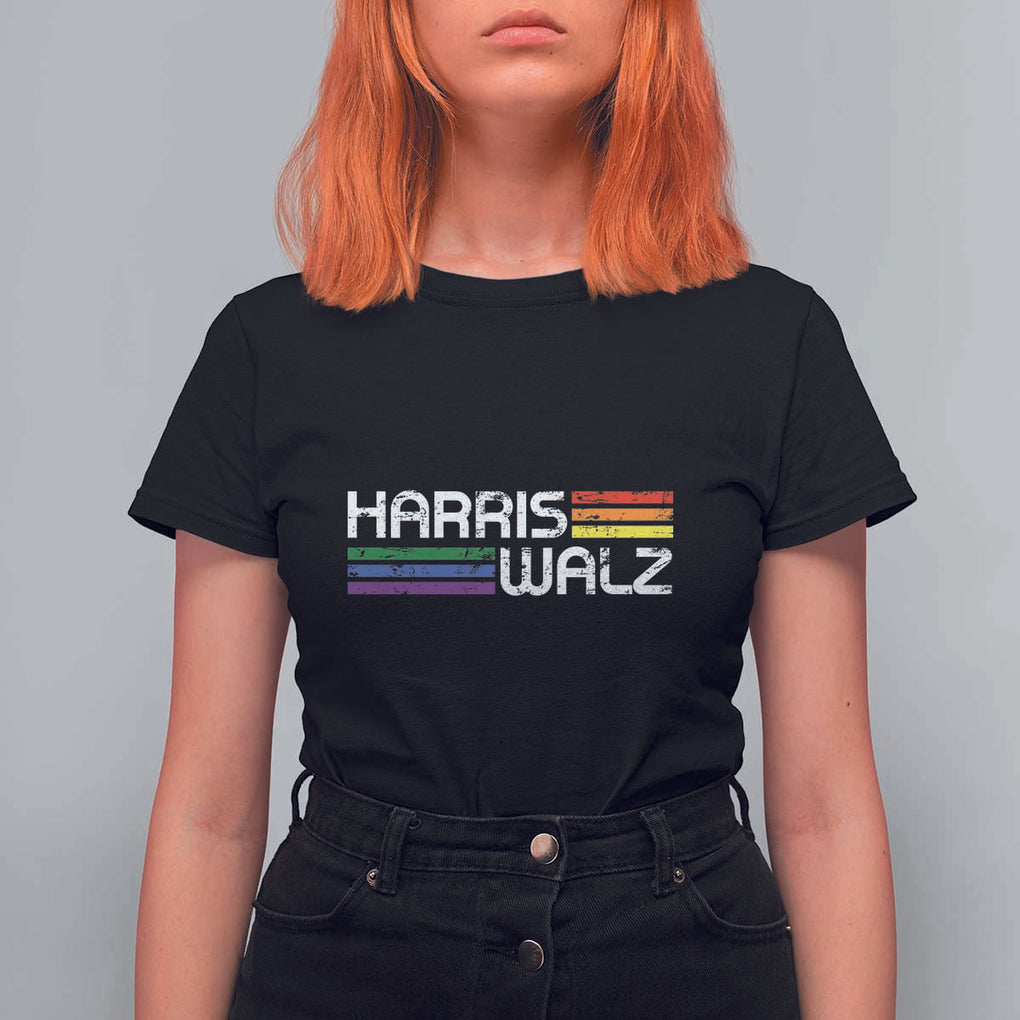 Harris Walz T Shirt For Women LGBT Rainbow Flag Retro Faded Stripes TS11 Black Print Your Wear