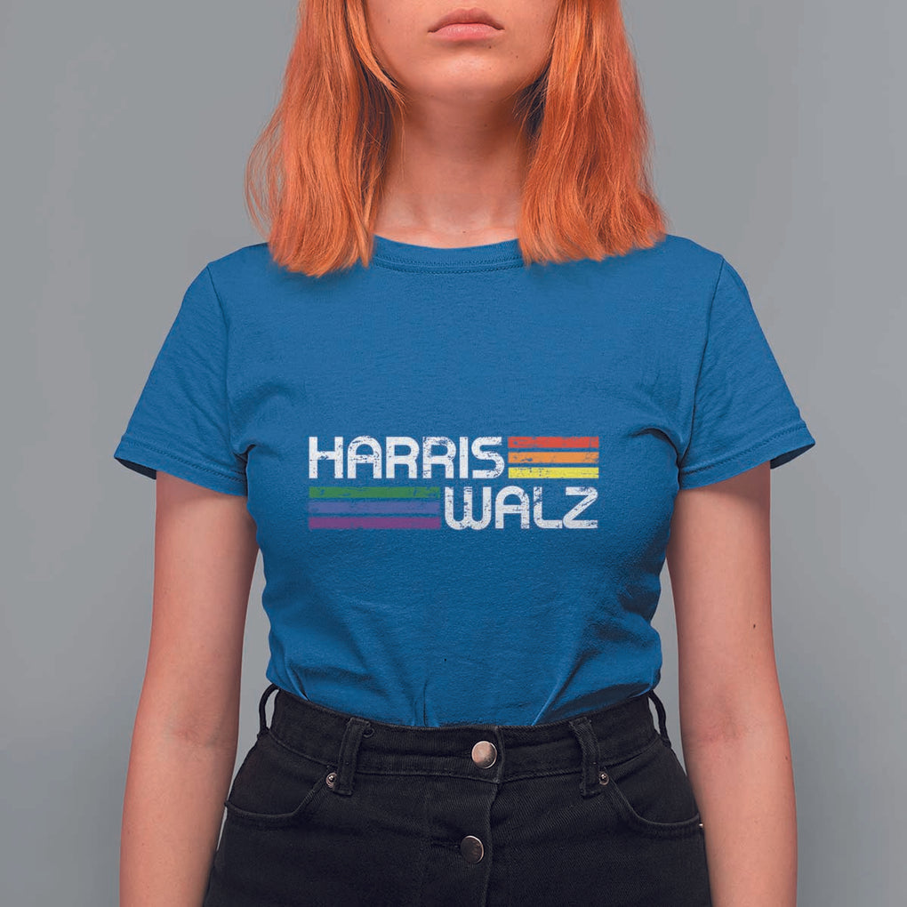 Harris Walz T Shirt For Women LGBT Rainbow Flag Retro Faded Stripes TS11 Royal Blue Print Your Wear