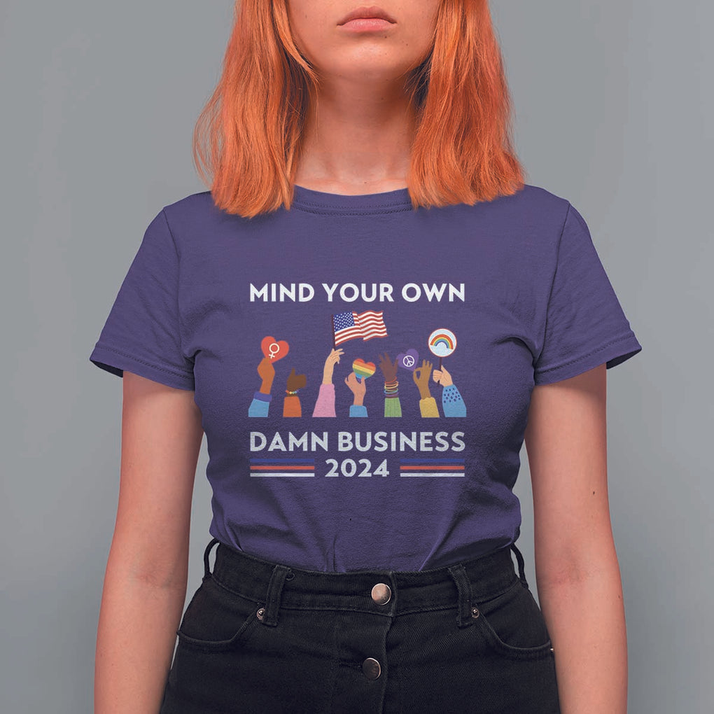 Harris Walz T Shirt For Women Mind Your Own Damn Business 2024 American Flag Rainbow LGBT TS11 Purple Print Your Wear