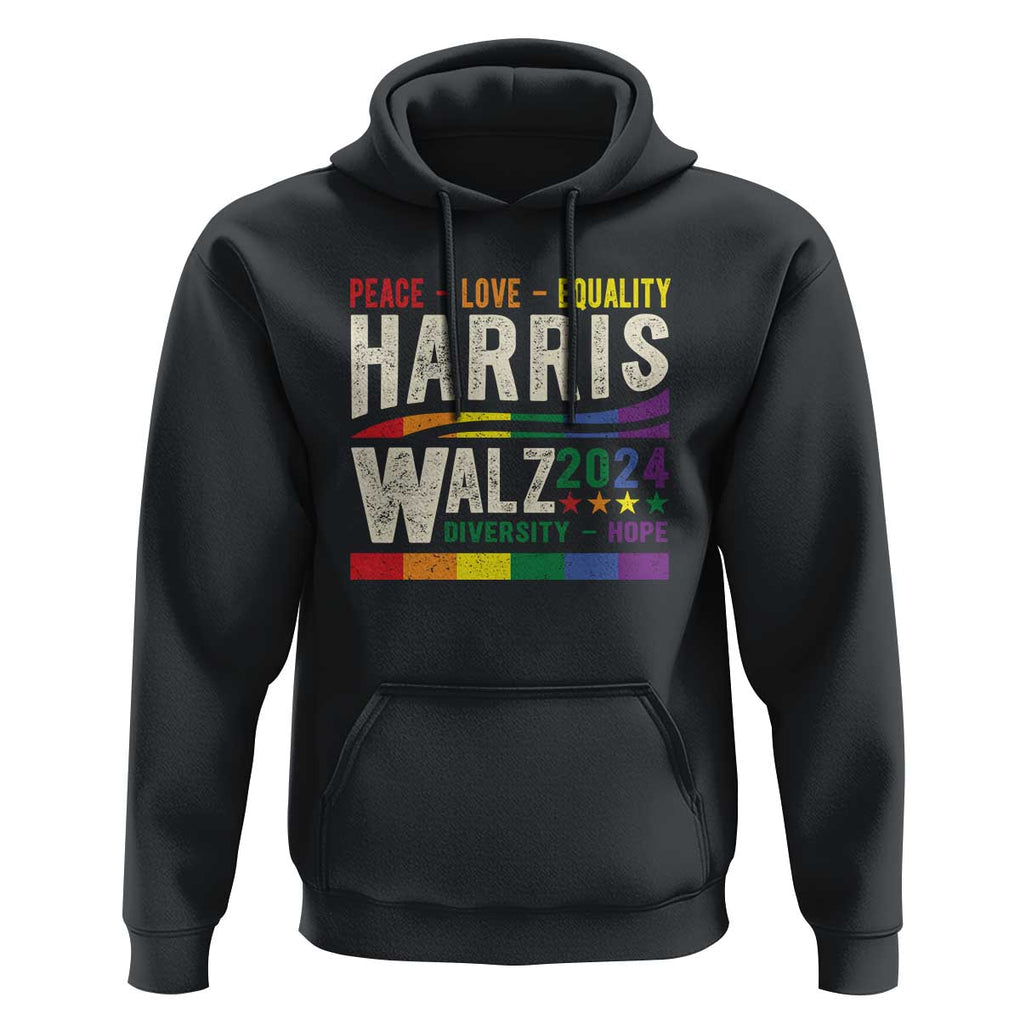 Harris Walz 2024 Hoodie Peace Love Equality Hope Diversity Vintage LGBT Rainbow Flag TS11 Black Print Your Wear