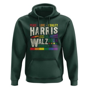 Harris Walz 2024 Hoodie Peace Love Equality Hope Diversity Vintage LGBT Rainbow Flag TS11 Dark Forest Green Print Your Wear