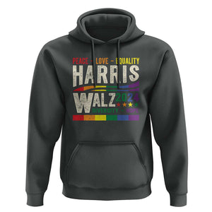 Harris Walz 2024 Hoodie Peace Love Equality Hope Diversity Vintage LGBT Rainbow Flag TS11 Dark Heather Print Your Wear