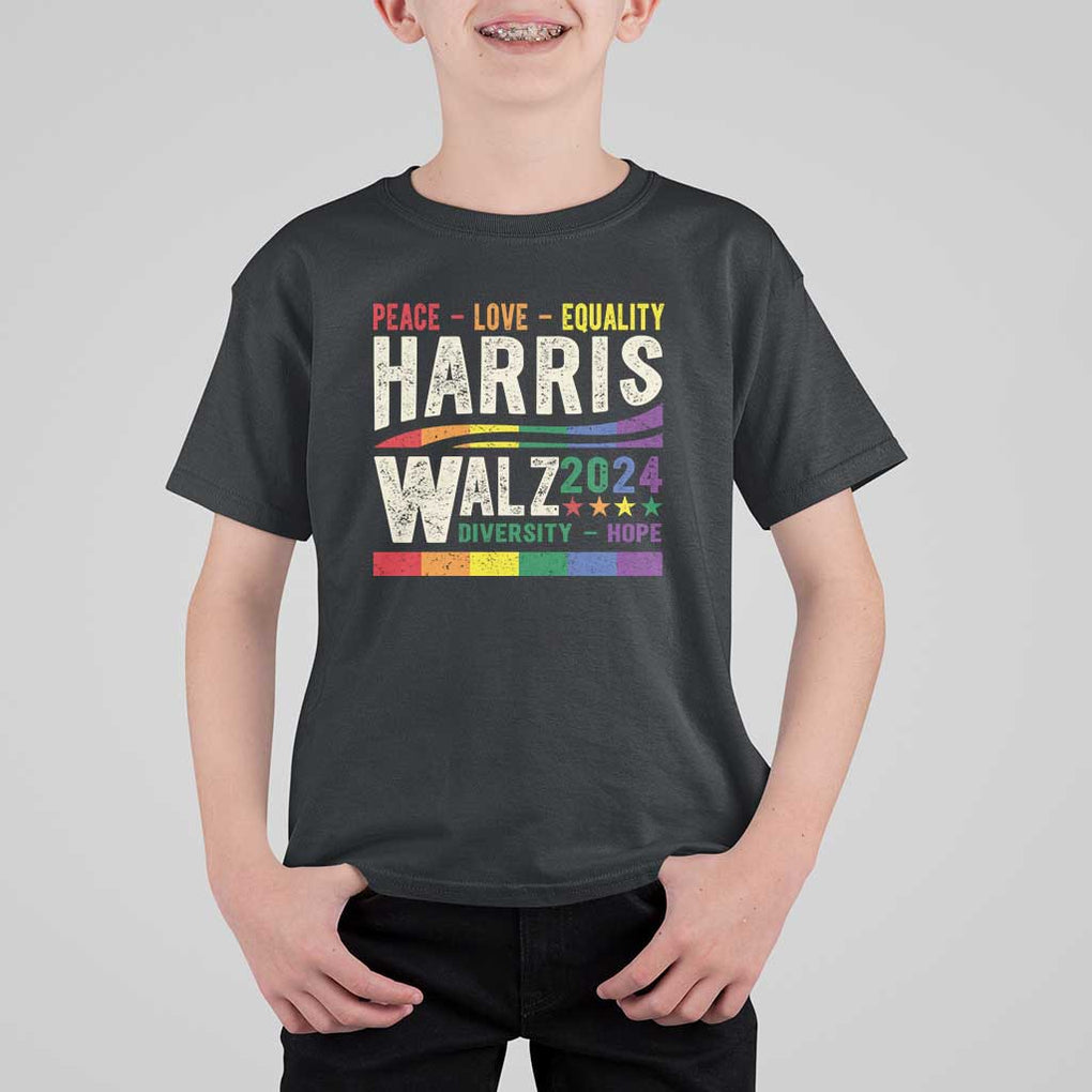 Harris Walz 2024 T Shirt For Kid Peace Love Equality Hope Diversity Vintage LGBT Rainbow Flag TS11 Black Print Your Wear