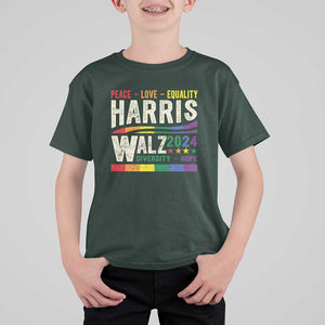Harris Walz 2024 T Shirt For Kid Peace Love Equality Hope Diversity Vintage LGBT Rainbow Flag TS11 Dark Forest Green Print Your Wear