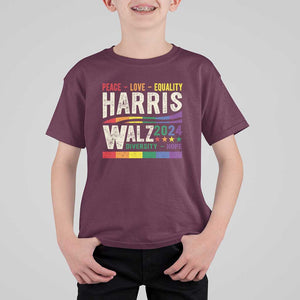 Harris Walz 2024 T Shirt For Kid Peace Love Equality Hope Diversity Vintage LGBT Rainbow Flag TS11 Maroon Print Your Wear