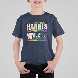 Harris Walz 2024 T Shirt For Kid Peace Love Equality Hope Diversity Vintage LGBT Rainbow Flag TS11 Navy Print Your Wear