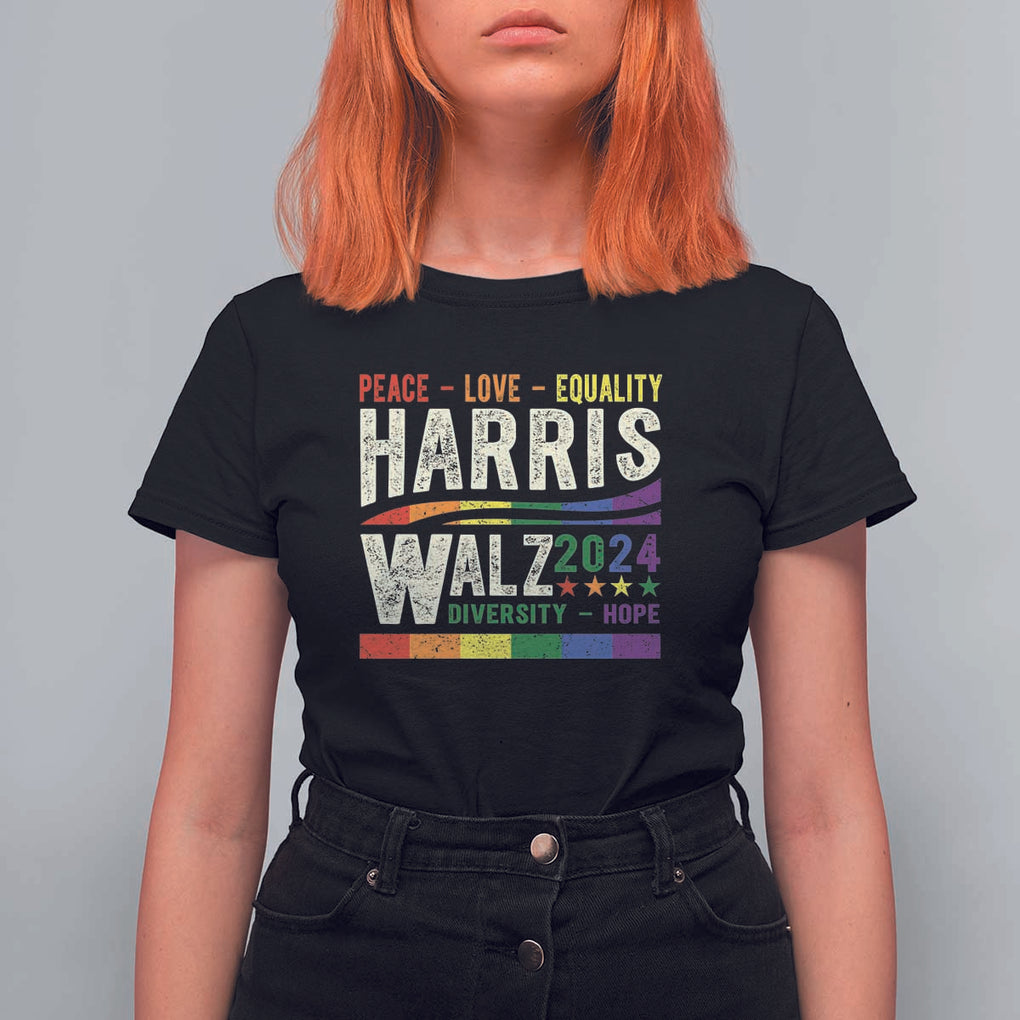 Harris Walz 2024 T Shirt For Women Peace Love Equality Hope Diversity Vintage LGBT Rainbow Flag TS11 Black Print Your Wear
