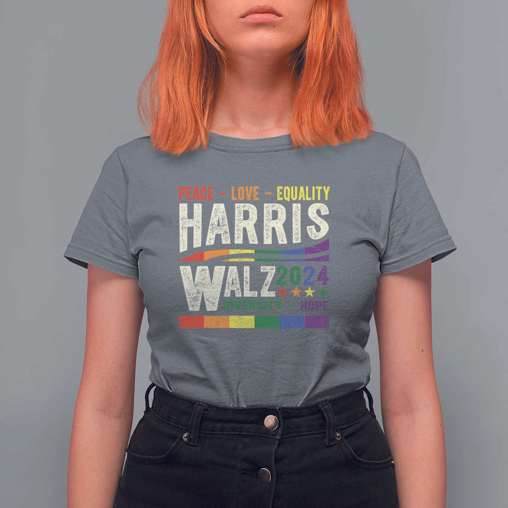 Harris Walz 2024 T Shirt For Women Peace Love Equality Hope Diversity Vintage LGBT Rainbow Flag TS11 Charcoal Print Your Wear