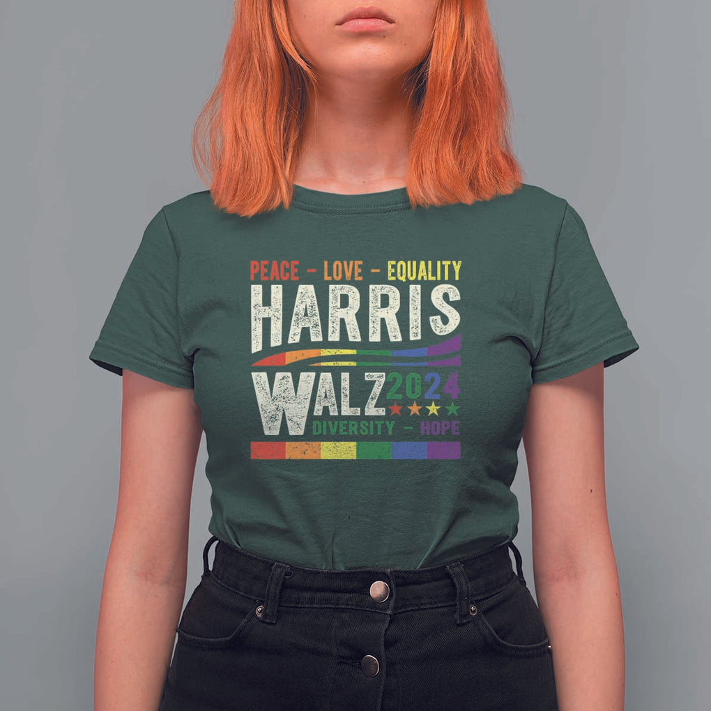 Harris Walz 2024 T Shirt For Women Peace Love Equality Hope Diversity Vintage LGBT Rainbow Flag TS11 Dark Forest Green Print Your Wear