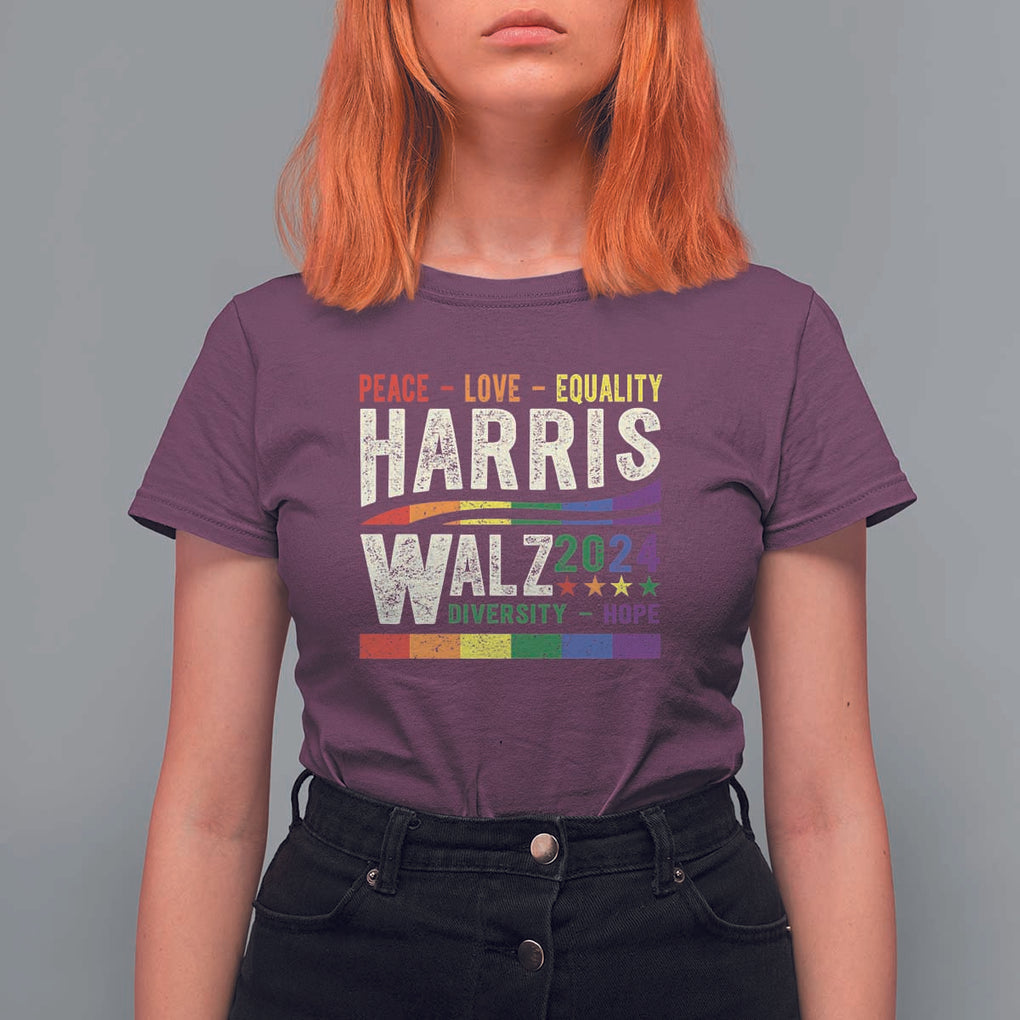 Harris Walz 2024 T Shirt For Women Peace Love Equality Hope Diversity Vintage LGBT Rainbow Flag TS11 Maroon Print Your Wear