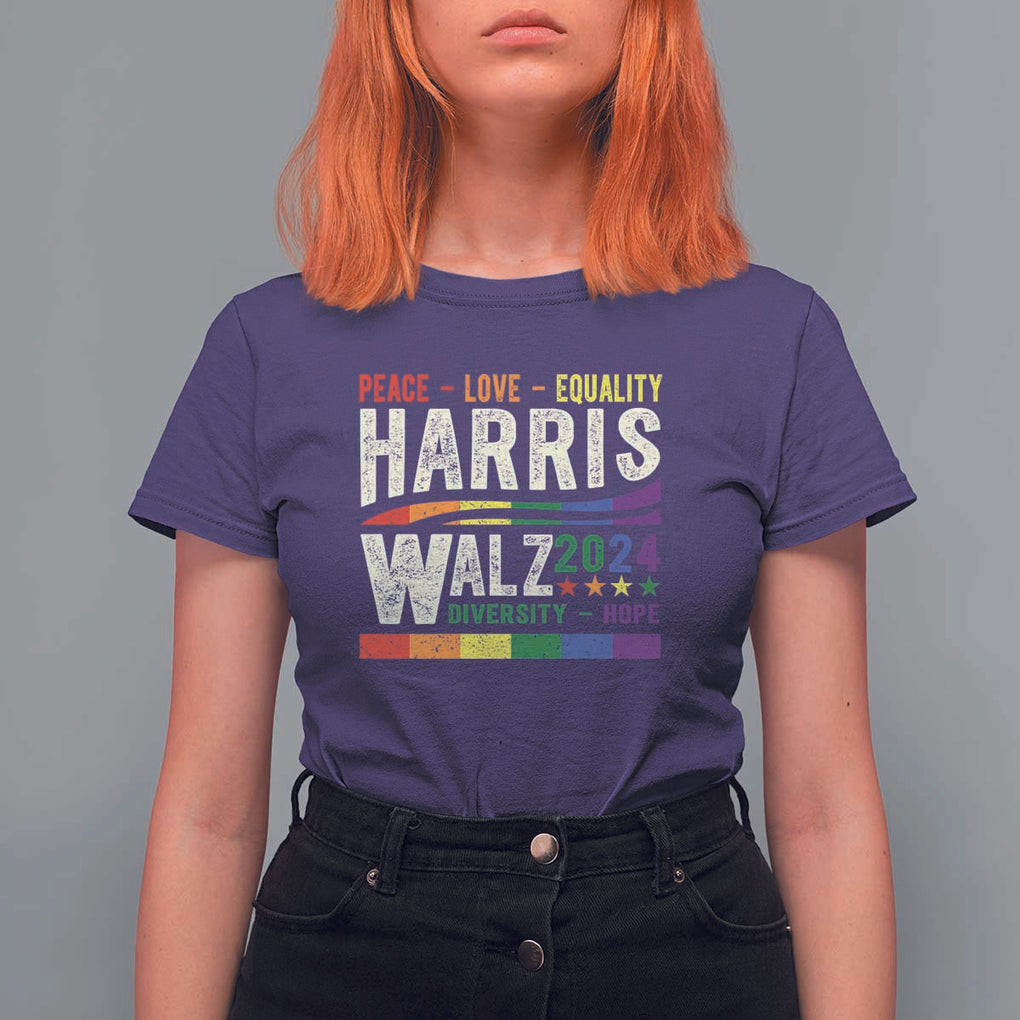 Harris Walz 2024 T Shirt For Women Peace Love Equality Hope Diversity Vintage LGBT Rainbow Flag TS11 Purple Print Your Wear