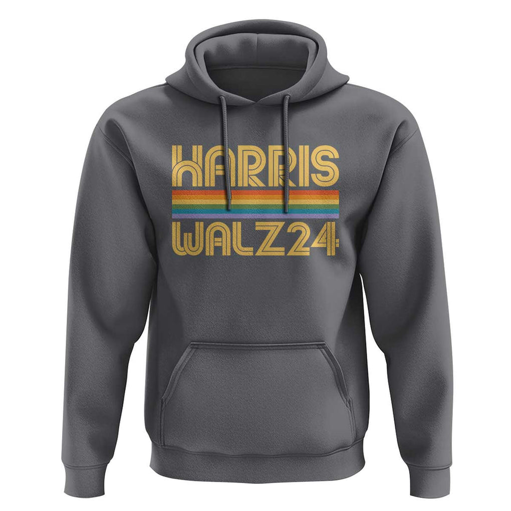 Harris Walz'24 Hoodie Retro Rainbow Stripes LGBT Flag US Presidential Election 2024 TS11 Charcoal Print Your Wear