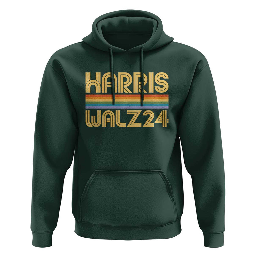 Harris Walz'24 Hoodie Retro Rainbow Stripes LGBT Flag US Presidential Election 2024 TS11 Dark Forest Green Print Your Wear
