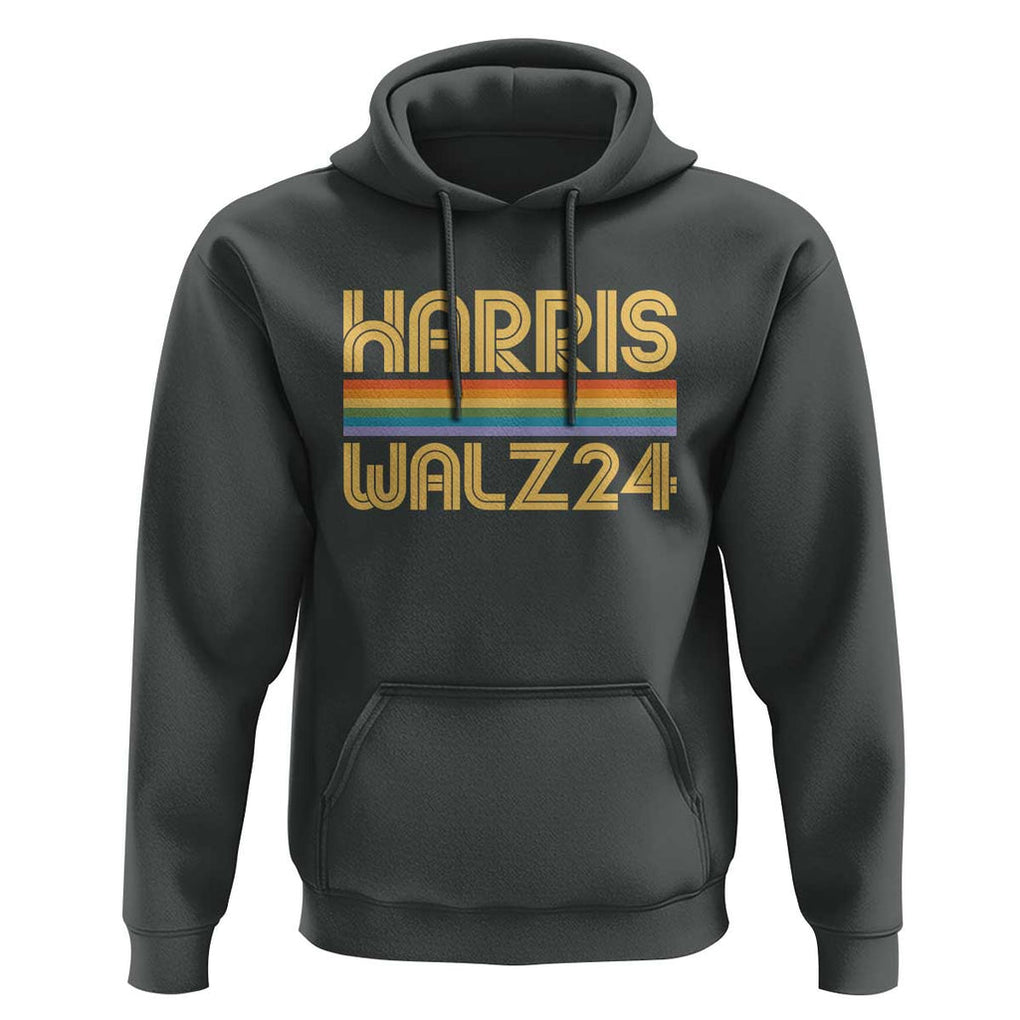 Harris Walz'24 Hoodie Retro Rainbow Stripes LGBT Flag US Presidential Election 2024 TS11 Dark Heather Print Your Wear