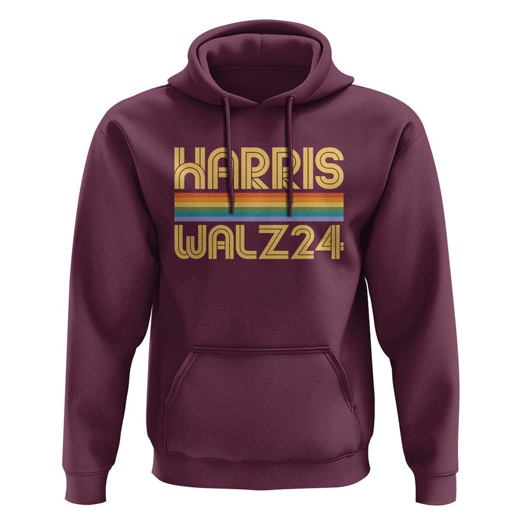 Harris Walz'24 Hoodie Retro Rainbow Stripes LGBT Flag US Presidential Election 2024 TS11 Maroon Print Your Wear