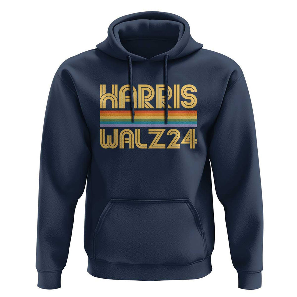Harris Walz'24 Hoodie Retro Rainbow Stripes LGBT Flag US Presidential Election 2024 TS11 Navy Print Your Wear