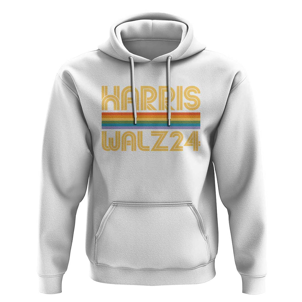 Harris Walz'24 Hoodie Retro Rainbow Stripes LGBT Flag US Presidential Election 2024 TS11 White Print Your Wear