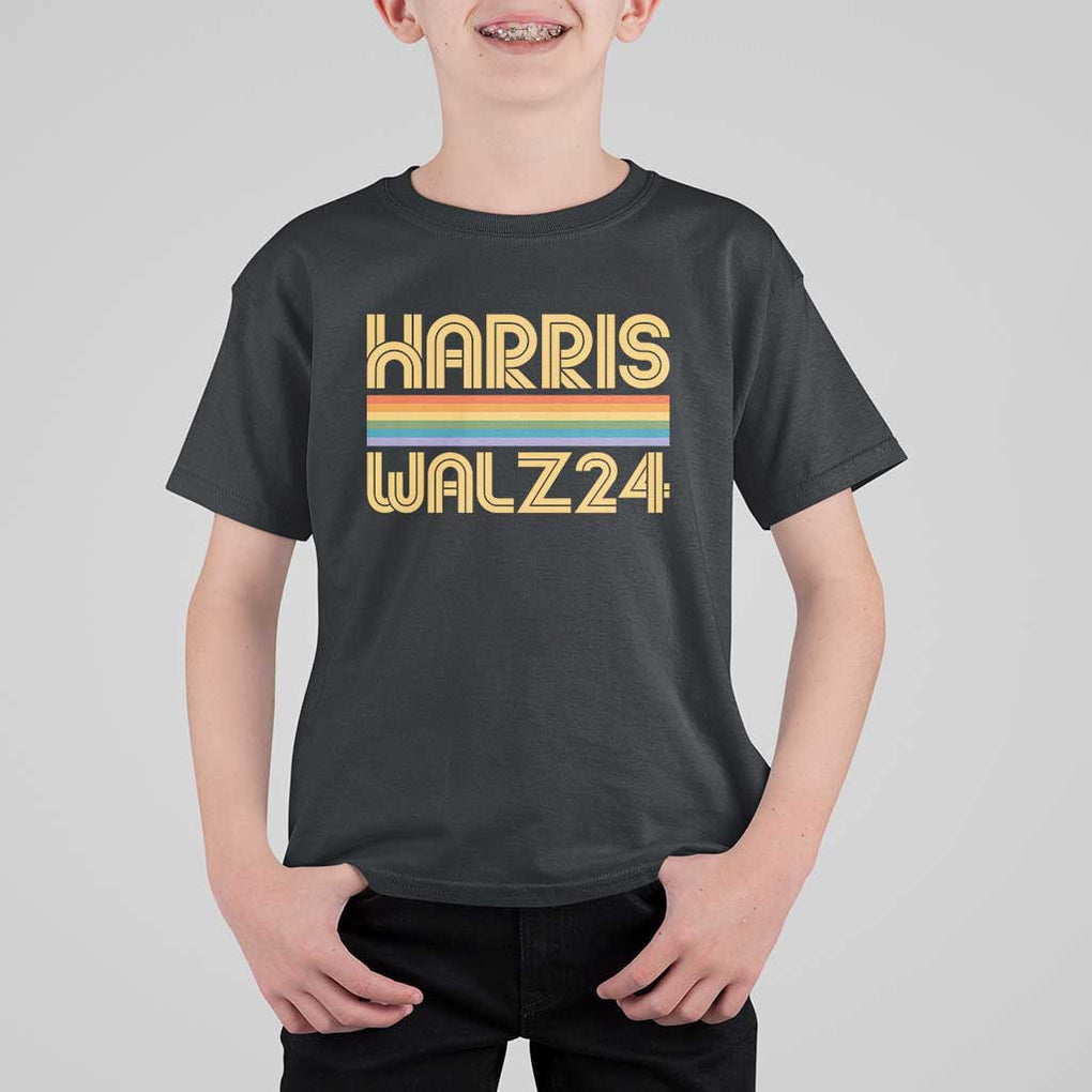 Harris Walz'24 T Shirt For Kid Retro Rainbow Stripes LGBT Flag US Presidential Election 2024 TS11 Black Print Your Wear