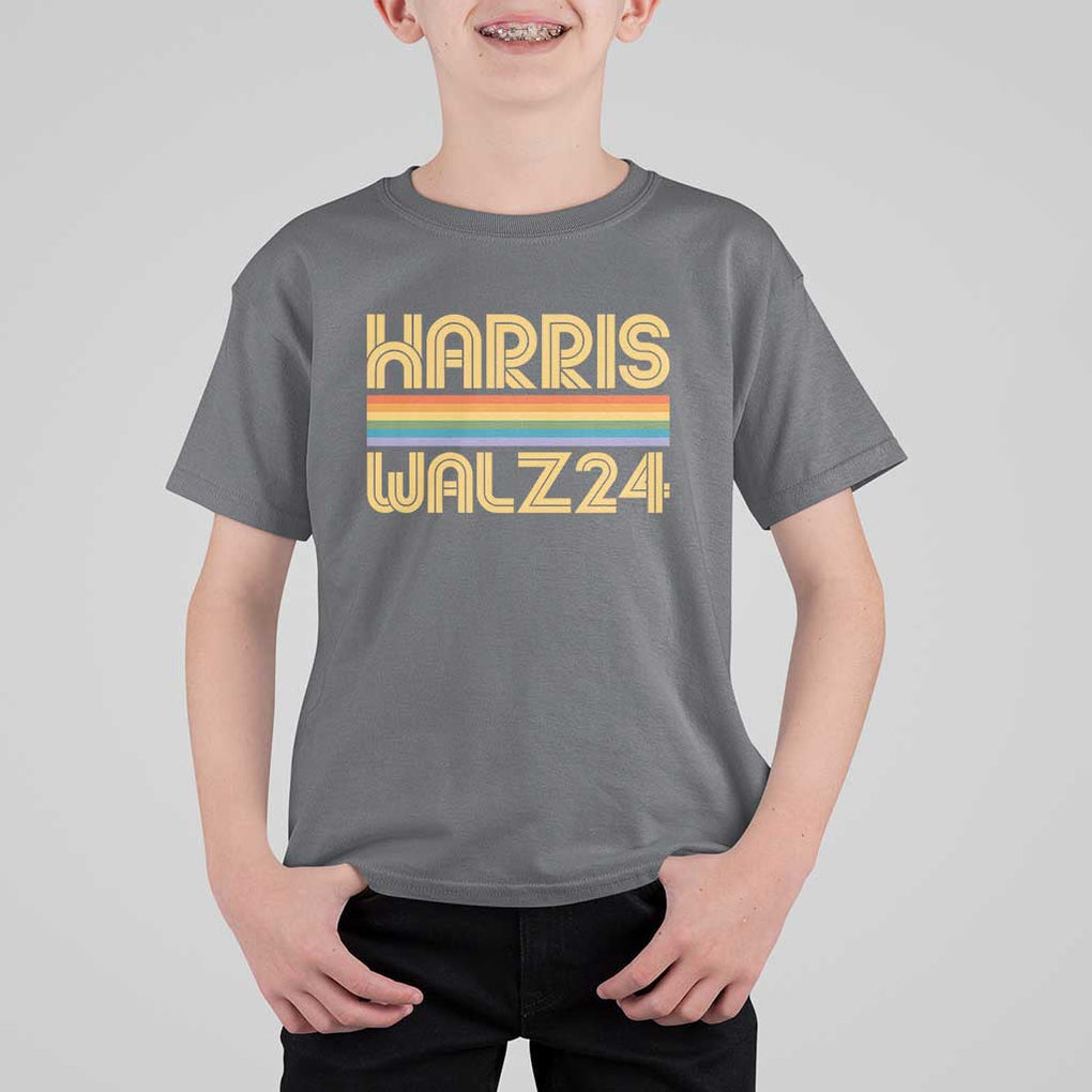 Harris Walz'24 T Shirt For Kid Retro Rainbow Stripes LGBT Flag US Presidential Election 2024 TS11 Charcoal Print Your Wear