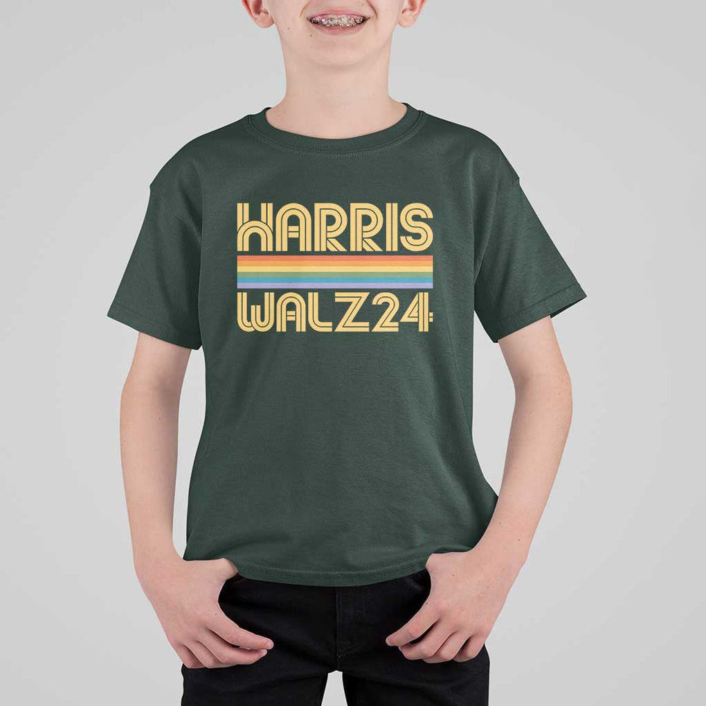 Harris Walz'24 T Shirt For Kid Retro Rainbow Stripes LGBT Flag US Presidential Election 2024 TS11 Dark Forest Green Print Your Wear