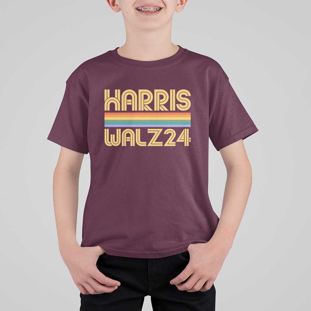 Harris Walz'24 T Shirt For Kid Retro Rainbow Stripes LGBT Flag US Presidential Election 2024 TS11 Maroon Print Your Wear