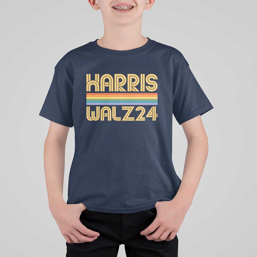 Harris Walz'24 T Shirt For Kid Retro Rainbow Stripes LGBT Flag US Presidential Election 2024 TS11 Navy Print Your Wear
