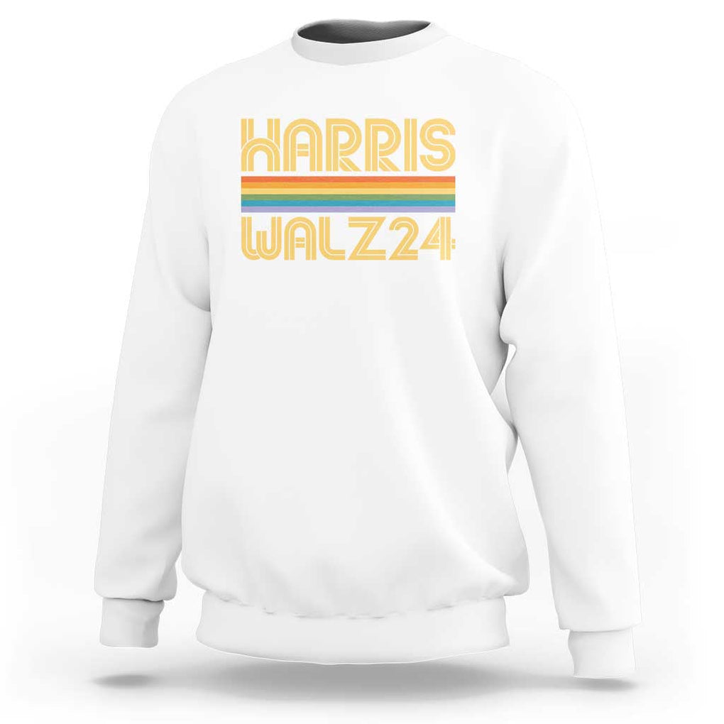 Harris Walz'24 Sweatshirt Retro Rainbow Stripes LGBT Flag US Presidential Election 2024 TS11 White Print Your Wear
