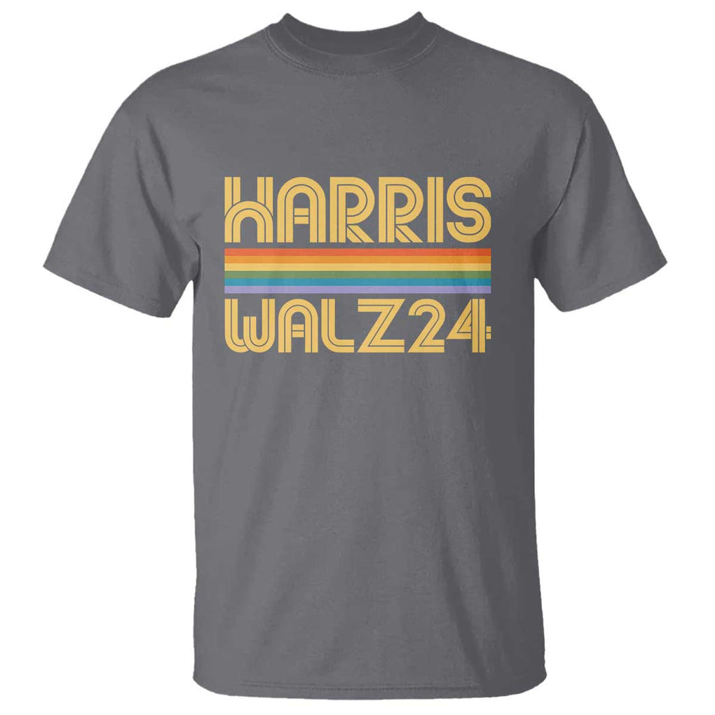 Harris Walz'24 T Shirt Retro Rainbow Stripes LGBT Flag US Presidential Election 2024 TS11 Charcoal Print Your Wear