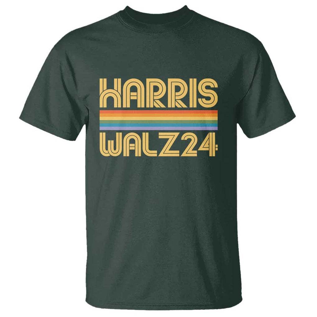 Harris Walz'24 T Shirt Retro Rainbow Stripes LGBT Flag US Presidential Election 2024 TS11 Dark Forest Green Print Your Wear