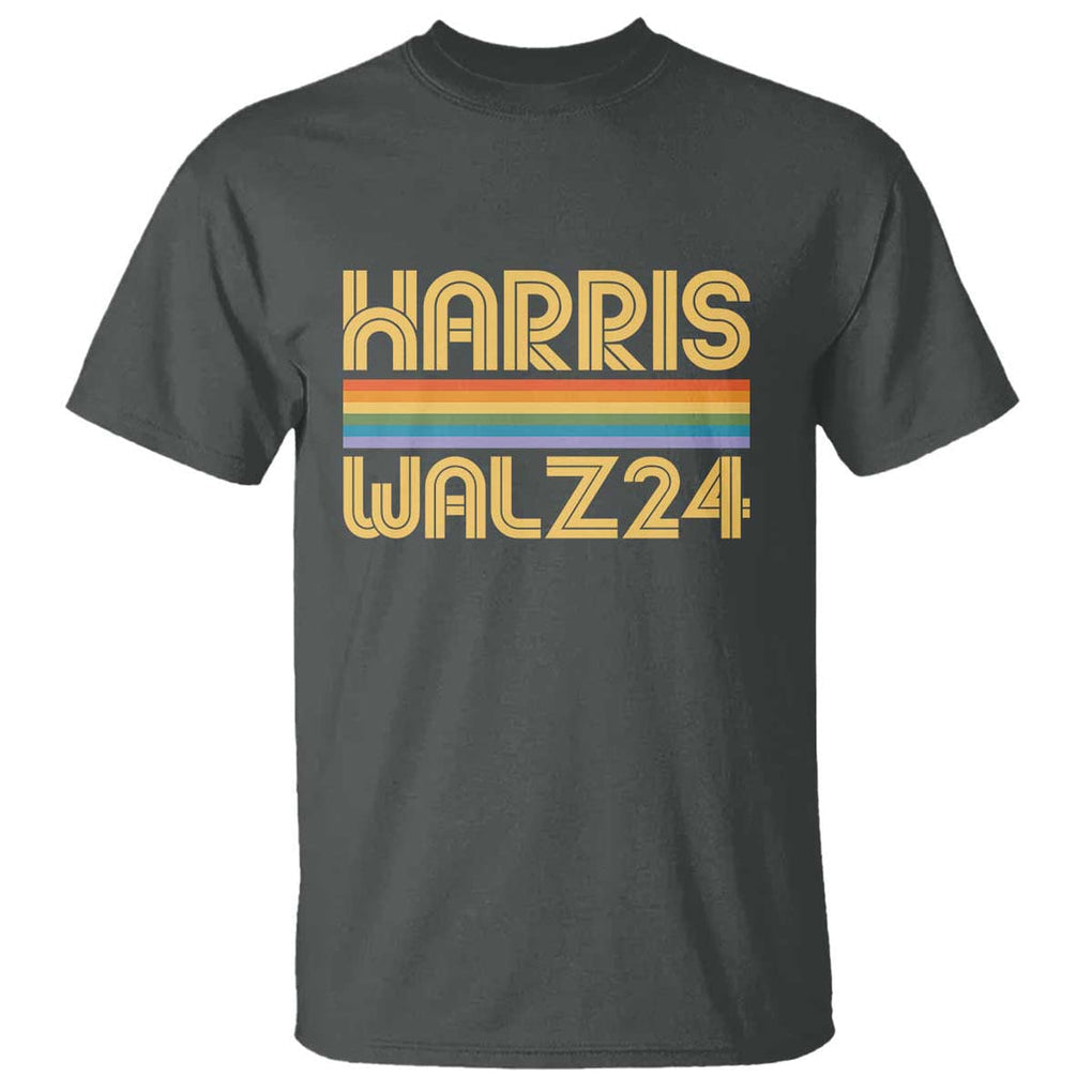 Harris Walz'24 T Shirt Retro Rainbow Stripes LGBT Flag US Presidential Election 2024 TS11 Dark Heather Print Your Wear