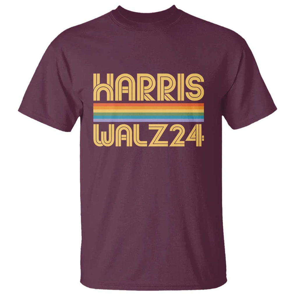 Harris Walz'24 T Shirt Retro Rainbow Stripes LGBT Flag US Presidential Election 2024 TS11 Maroon Print Your Wear
