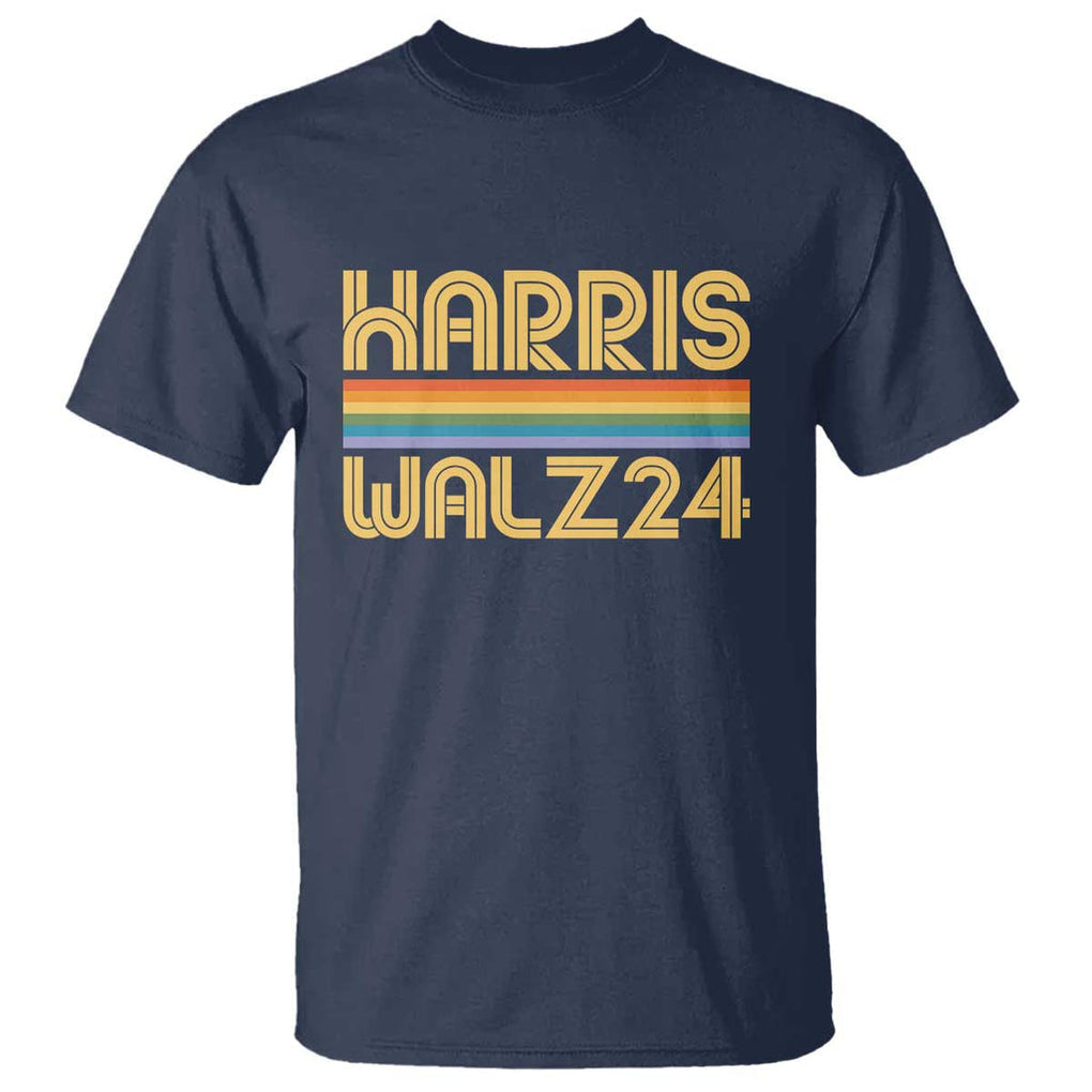 Harris Walz'24 T Shirt Retro Rainbow Stripes LGBT Flag US Presidential Election 2024 TS11 Navy Print Your Wear