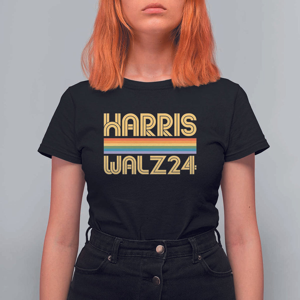 Harris Walz'24 T Shirt For Women Retro Rainbow Stripes LGBT Flag US Presidential Election 2024 TS11 Black Print Your Wear