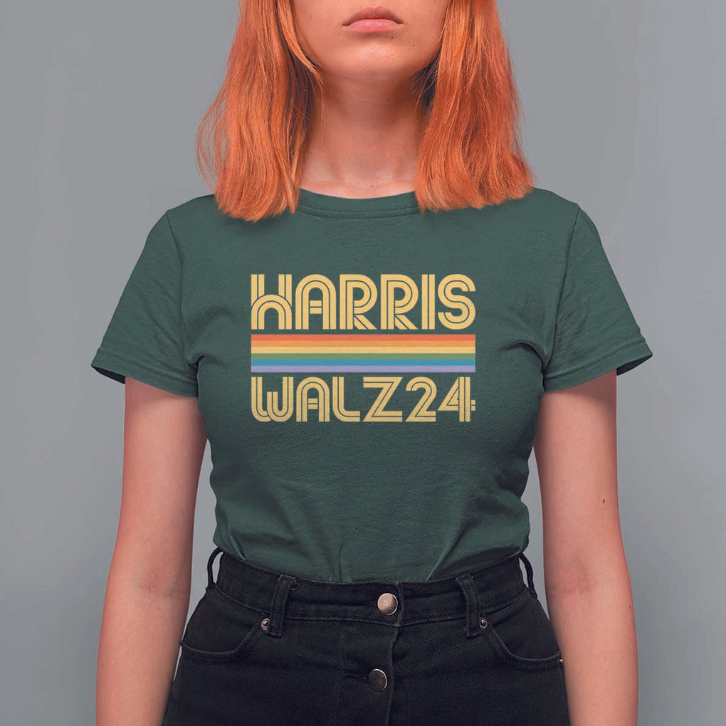 Harris Walz'24 T Shirt For Women Retro Rainbow Stripes LGBT Flag US Presidential Election 2024 TS11 Dark Forest Green Print Your Wear