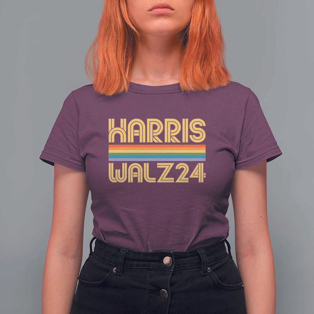 Harris Walz'24 T Shirt For Women Retro Rainbow Stripes LGBT Flag US Presidential Election 2024 TS11 Maroon Print Your Wear