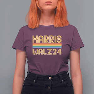 Harris Walz'24 T Shirt For Women Retro Rainbow Stripes LGBT Flag US Presidential Election 2024 TS11 Maroon Print Your Wear