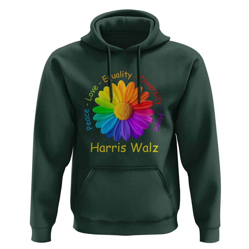 Harris Walz 2024 Hoodie Peace Love Equality Diversity Hope Rainbow Flower TS11 Dark Forest Green Print Your Wear