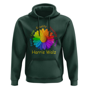 Harris Walz 2024 Hoodie Peace Love Equality Diversity Hope Rainbow Flower TS11 Dark Forest Green Print Your Wear