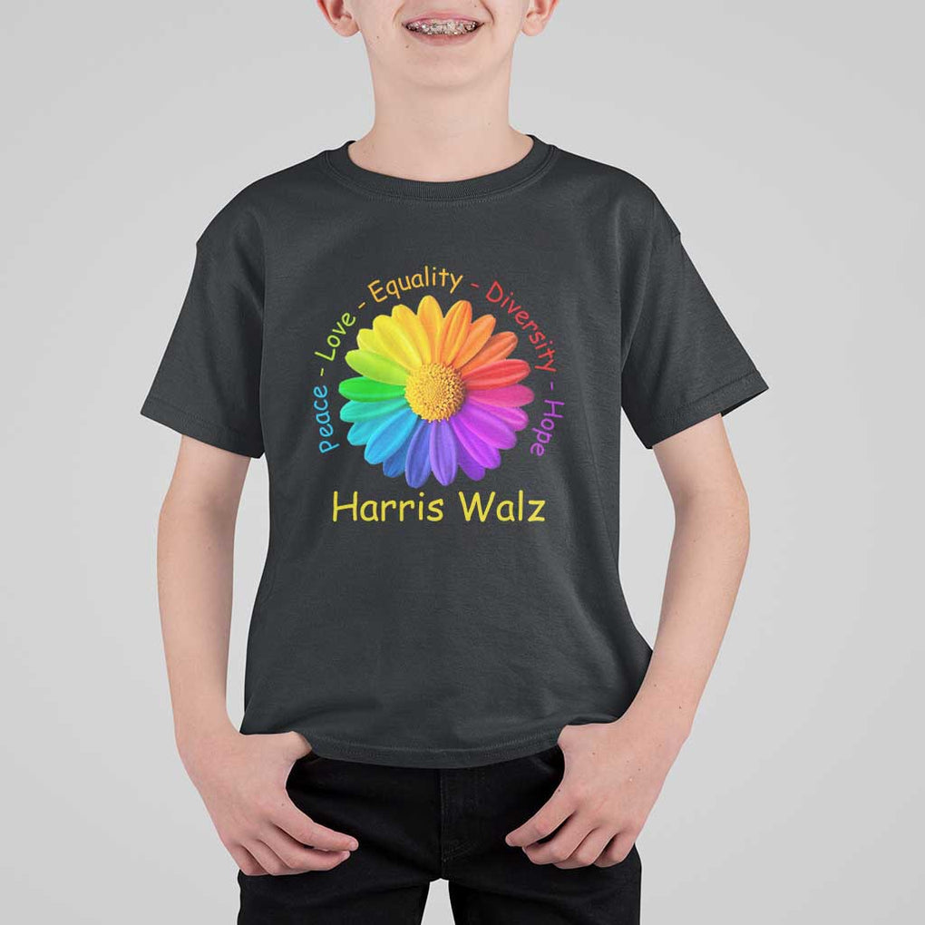 Harris Walz 2024 T Shirt For Kid Peace Love Equality Diversity Hope Rainbow Flower TS11 Black Print Your Wear