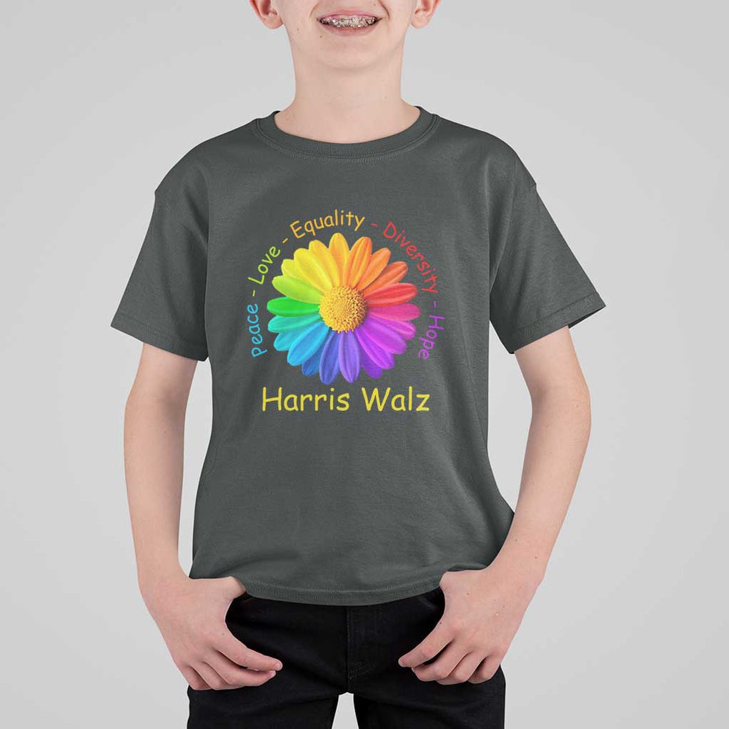 Harris Walz 2024 T Shirt For Kid Peace Love Equality Diversity Hope Rainbow Flower TS11 Dark Heather Print Your Wear