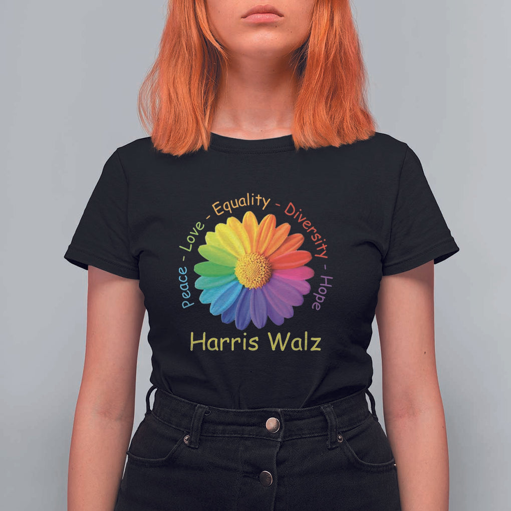 Harris Walz 2024 T Shirt For Women Peace Love Equality Diversity Hope Rainbow Flower TS11 Black Print Your Wear