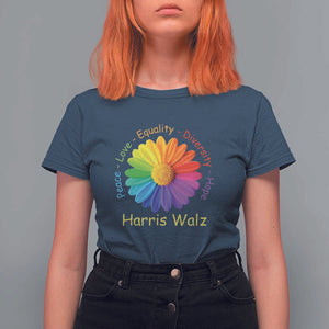 Harris Walz 2024 T Shirt For Women Peace Love Equality Diversity Hope Rainbow Flower TS11 Navy Print Your Wear