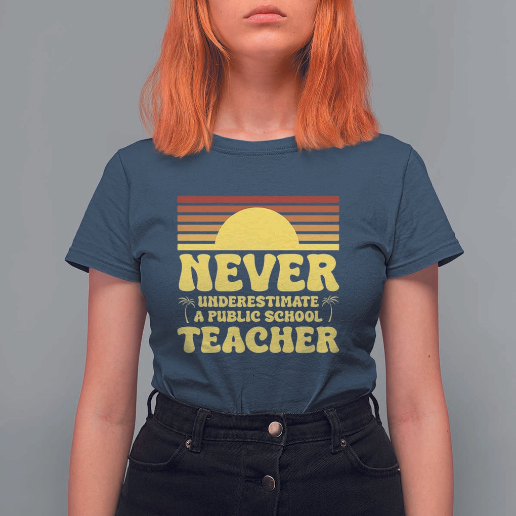 Harris Walz T Shirt For Women Never Underestimate A Public School Teacher Sunshine Coconut Tree TS11 Navy Print Your Wear